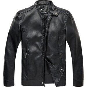 🆕Men's Black0075 Stand Leather Motorcycle Lightweight Faux Leather Jacket